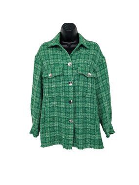 Tweed Plaid Shacket Jacket Old Money Academia Frayed Pockets Oversized XSmall